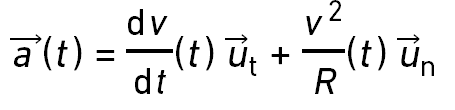 \overrightarrow{a}(t)=\frac{d\overrightarrow{v}}{dt}(t)\overrightarrow{u_t} + \frac{v^2}{R}(t)\overrightarrow{u_n}